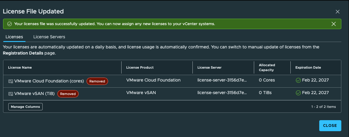 VCF Operations licensing screen showing VCF and vSAN allocations removed with zero capacity allocated