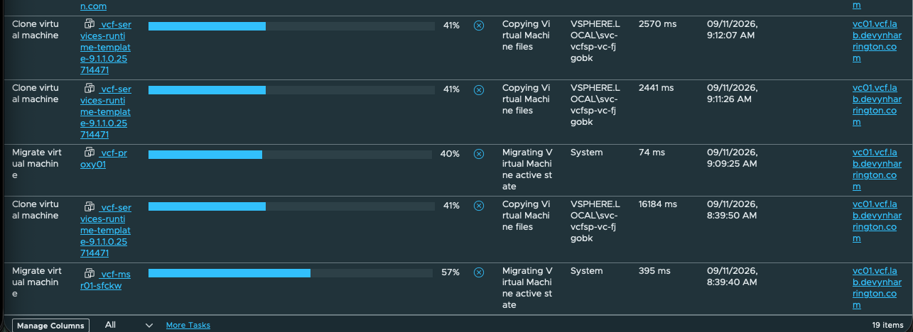 vCenter Recent Tasks showing three clone operations from the same VCF Services Runtime 9.1.1 template, each stalled at 41 percent