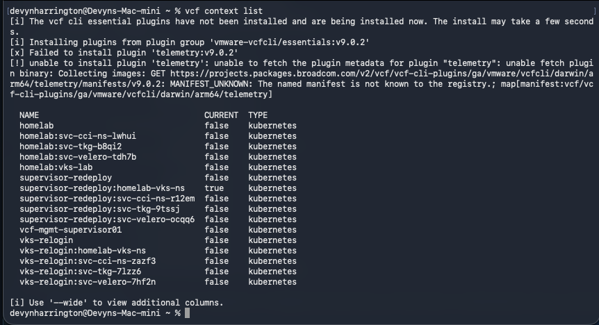 VCF context list includes supervisor-redeploy and homelab-vks-ns but no kubernetes-cluster-dhby guest context
