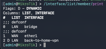MikroTik interface-list output shows bridge and back-to-home-vpn in LAN and ether1 in WAN, with no vlan2006-external entry