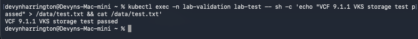 kubectl exec writes to /data/test.txt and reads back VCF 9.1.1 VKS storage test passed