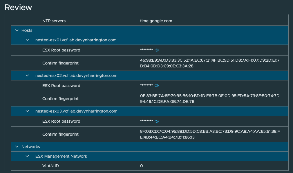 Installer review lists the three host FQDNs and confirmed certificate fingerprints