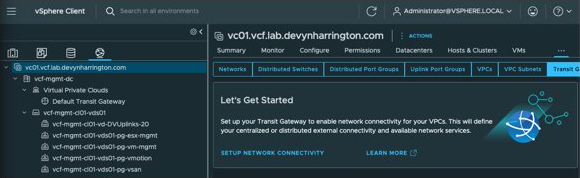 Transit Gateways landing page with the Set Up Network Connectivity button beneath Let's Get Started.
