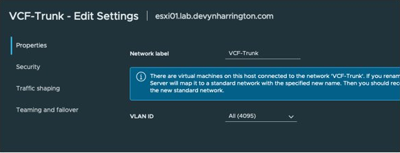 the outer VCF-Trunk port group is configured for All (4095), allowing the nested hosts to carry tagged VLANs
