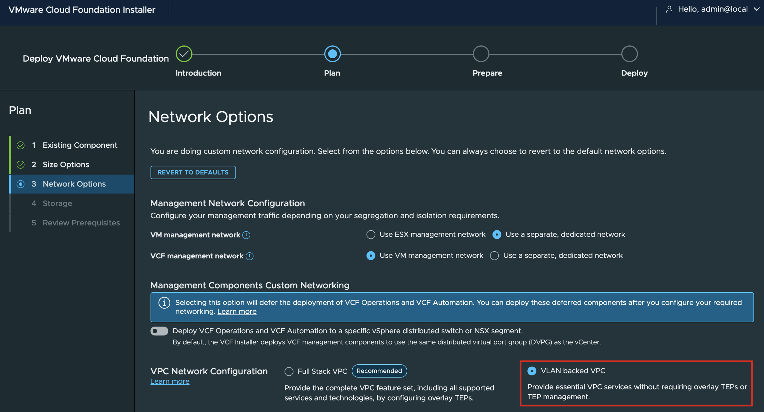 VCF Installer Network Options with VLAN backed VPC selected and highlighted under VPC Network Configuration.