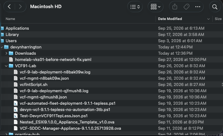 Deployment assets on the Mac. Finder shows the customized TEP-less scripts, environment file, OVAs, logs, and earlier generated JSON.