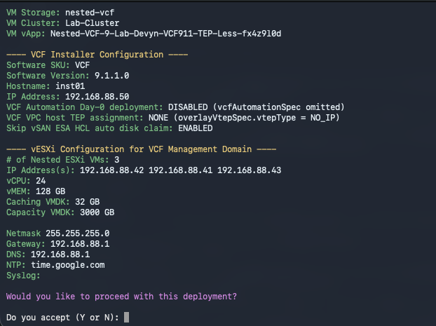 Infrastructure phase configuration summary. Three nested hosts, 24 vCPU, 128 GB, 3000 GB capacity disks, no Day-0 Automation, NO_IP TEP mode, and HCL bypass are shown.