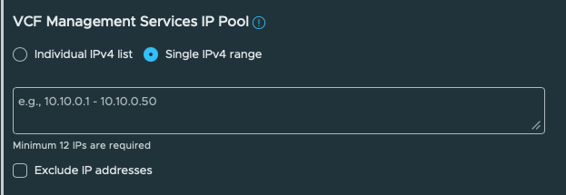 Management services address pool form. Single IPv4 range selected before entering 192.168.88.193–192.168.88.222; minimum 12 IPs displayed.