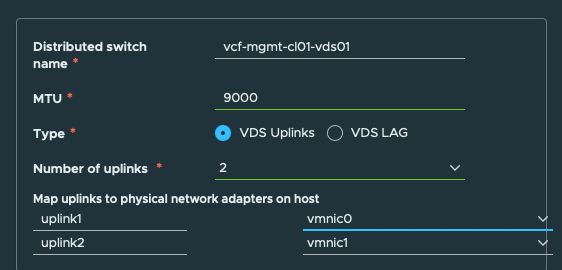 Initial distributed switch NIC choices. The form initially shows vmnic0 and vmnic1; the later attempted vmnic2/vmnic3 change triggered validation.