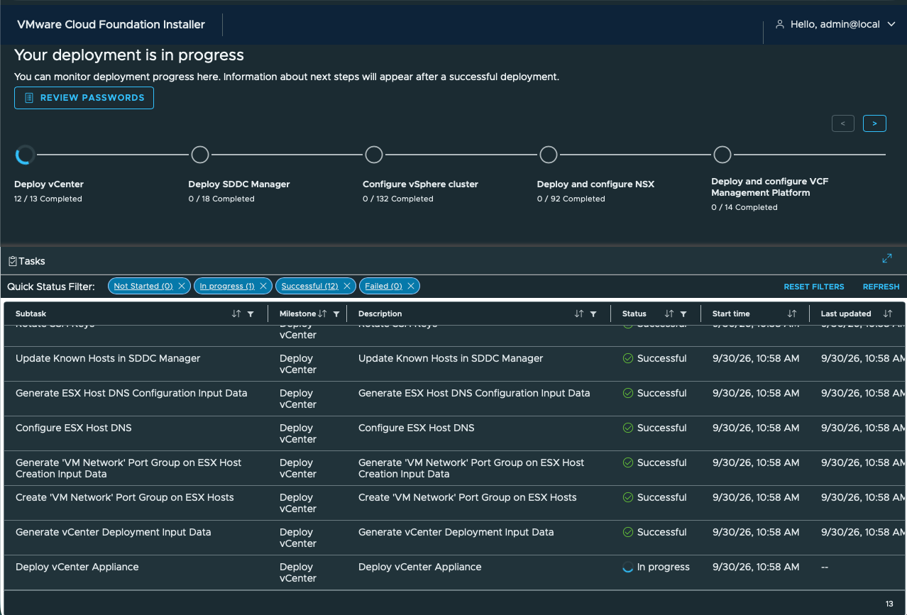 Second deployment starts. The successful Installer run begins at the vCenter stage with the corrected starting NIC mapping in its review.