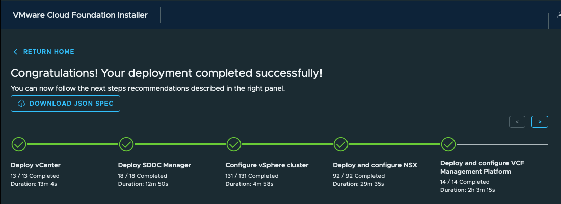 VCF deployment completed successfully. The Installer displays its success banner.