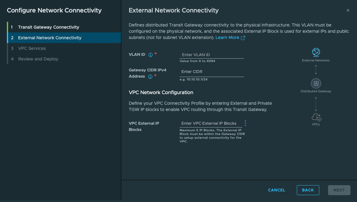 External network connectivity form. The form requests VLAN, gateway CIDR, and VPC external blocks before their values are entered.