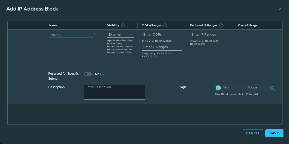 Add the external IP block. Initial blank block dialog; visibility External and reservation controls are visible.