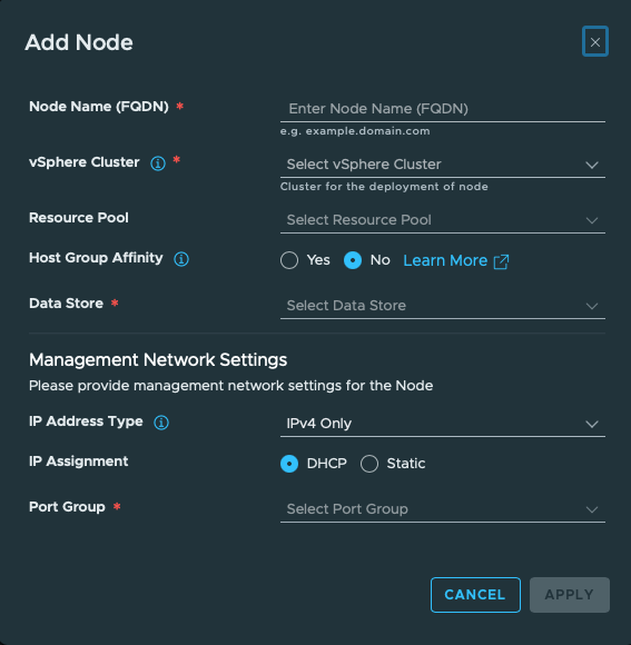VNA Add Node form. Unfilled node form with DHCP selected by default; this screen does not establish the final assignment mode.