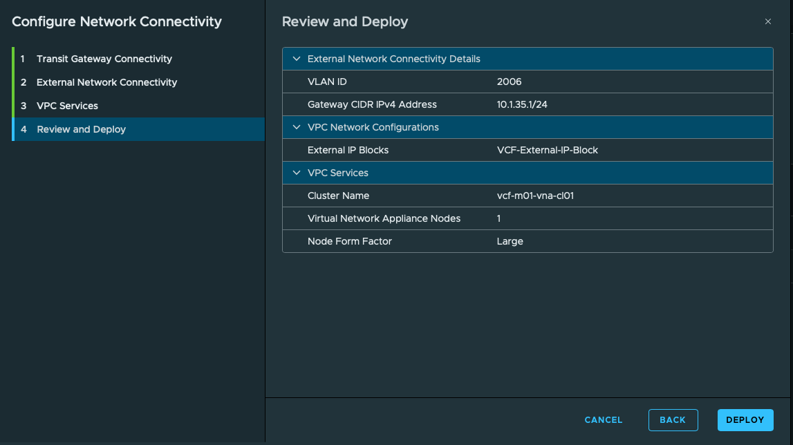 Network and Large VNA deployment review. Review confirms VLAN 2006, gateway 10.1.35.1/24, VCF-External-IP-Block, vcf-m01-vna-cl01, one node, and Large.