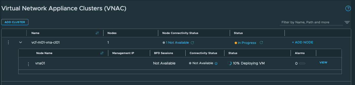 VNA VM deployment begins. Node vna01 is at 10 percent Deploying VM; the cluster is In Progress.