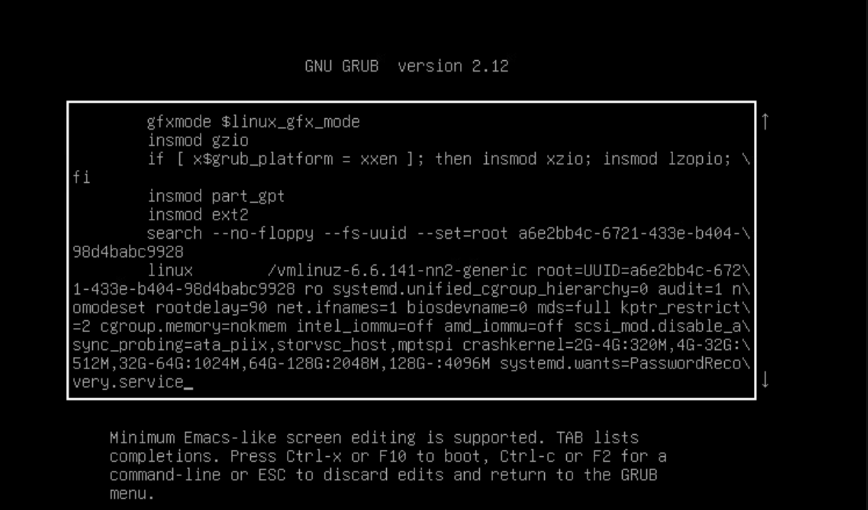 GRUB password recovery parameter. The linux boot line ends with systemd.wants=PasswordRecovery.service; Ctrl+X is the boot shortcut.