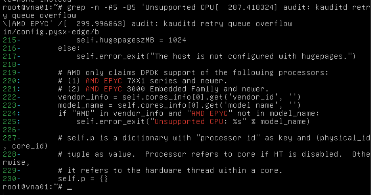 Identify the AMD CPU guard. VNA config.py inspection shows the non-EPYC AMD rejection at lines 224–225 on this build.