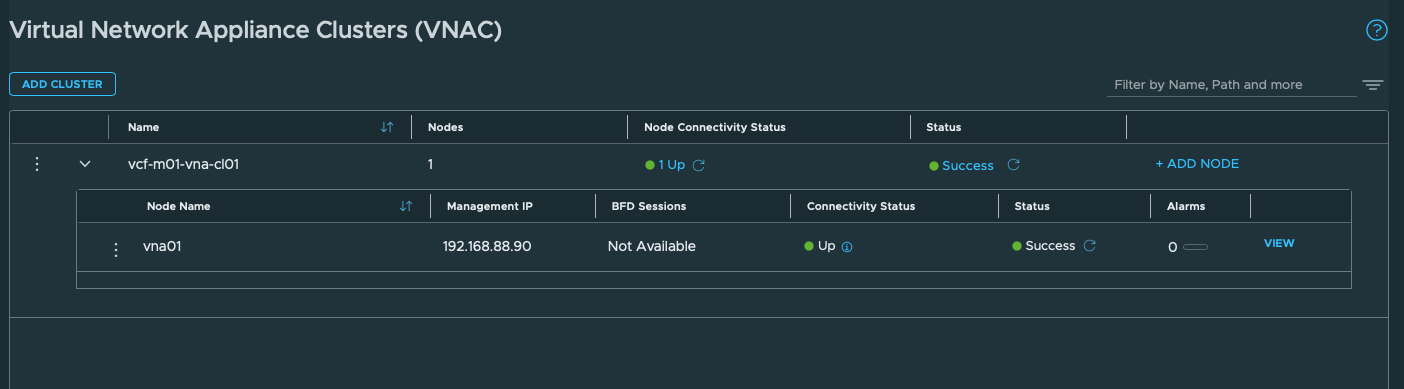 VNA recovered successfully. vcf-m01-vna-cl01 and vna01 are Up and Success; node management IP is 192.168.88.90 and alarms are zero.