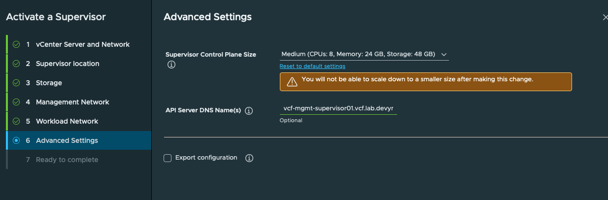 Supervisor changed to Medium. Medium 8 vCPU and 24 GB is selected with an API DNS name; the UI warns it cannot later scale down.
