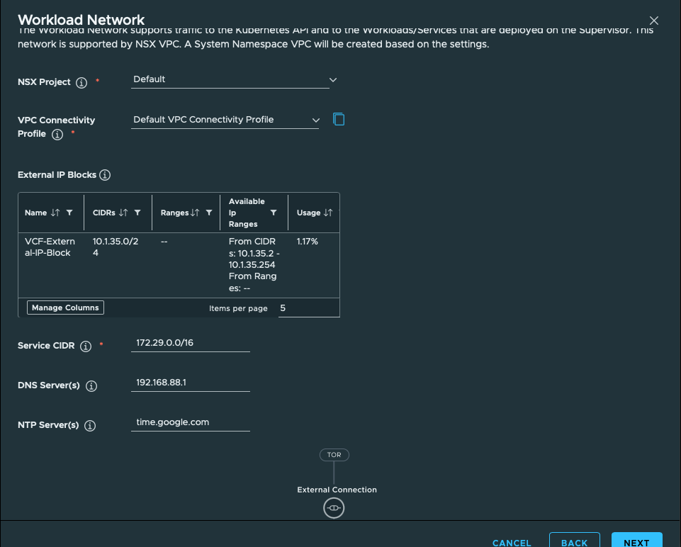 Supervisor Workload Network form with the Default project and connectivity profile, external /24 block, DNS 192.168.88.1, and NTP time.google.com.