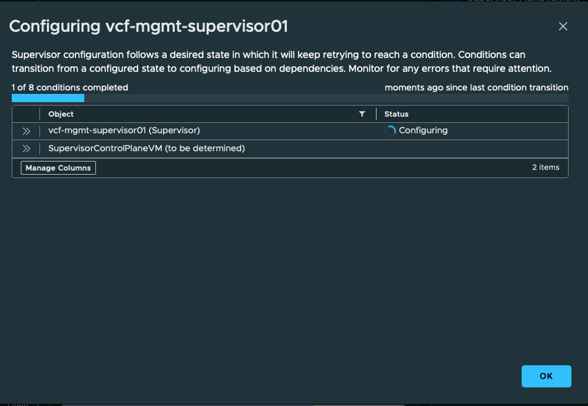 Supervisor activation begins. The progress dialog shows 1 of 8 conditions complete and control-plane VM configuration starting.