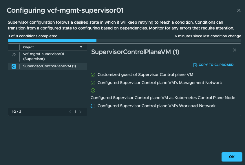 Control plane partly configured. Guest, management network, and Kubernetes control-plane conditions are complete; workload networking is still in progress.
