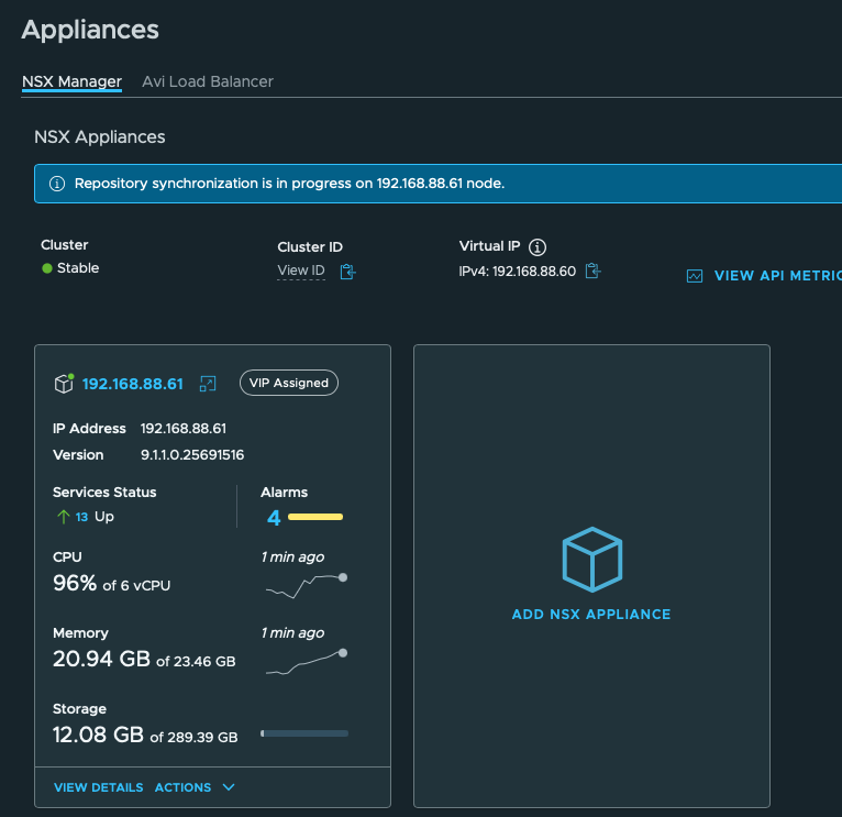 NSX appliance under high CPU load. NSX cluster Stable and appliance Up, with repository synchronization and approximately 96 percent CPU usage.