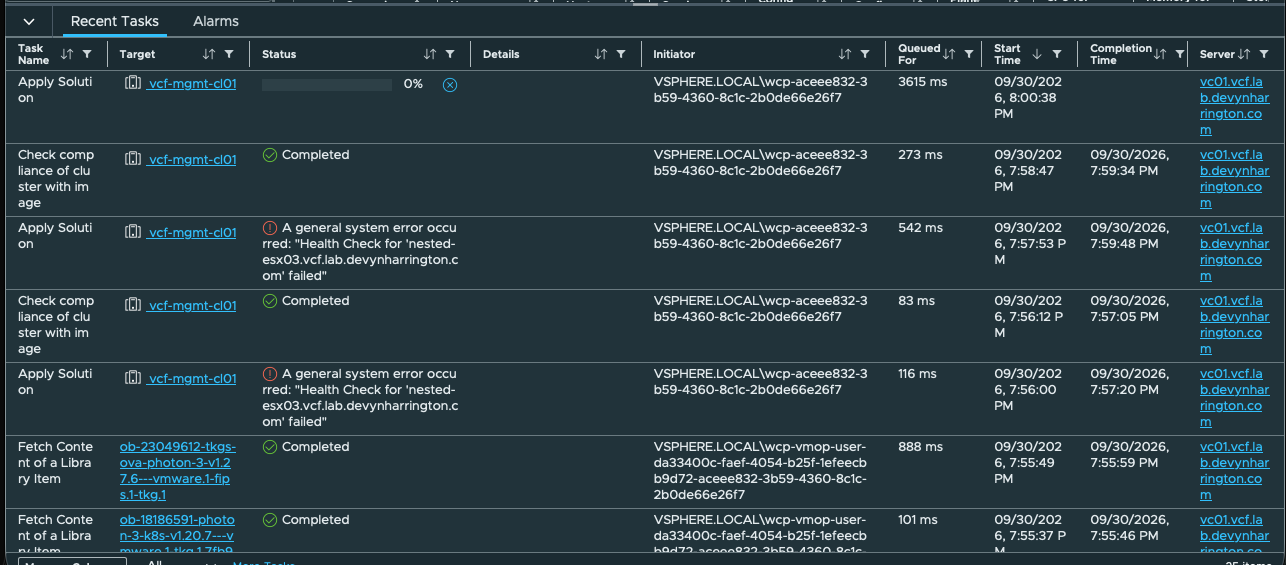 Apply Solution health check failures. Recent tasks show repeated health-check failures for nested-esx03 and subsequent reconciliation activity.