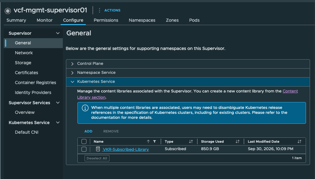 Supervisor Kubernetes Service lists VKR-Subscribed-Library as Subscribed.