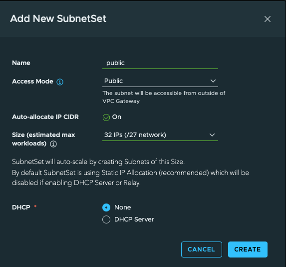SubnetSet settings: public, Public access, auto-allocate On, 32 IPs (/27), and DHCP None.