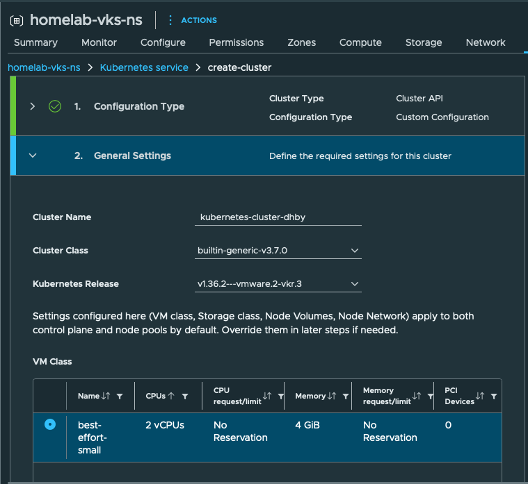 VKS custom general settings. Actual generated name kubernetes-cluster-dhby, builtin-generic-v3.7.0, release v1.36.2---vmware.2-vkr.3, and best-effort-small.