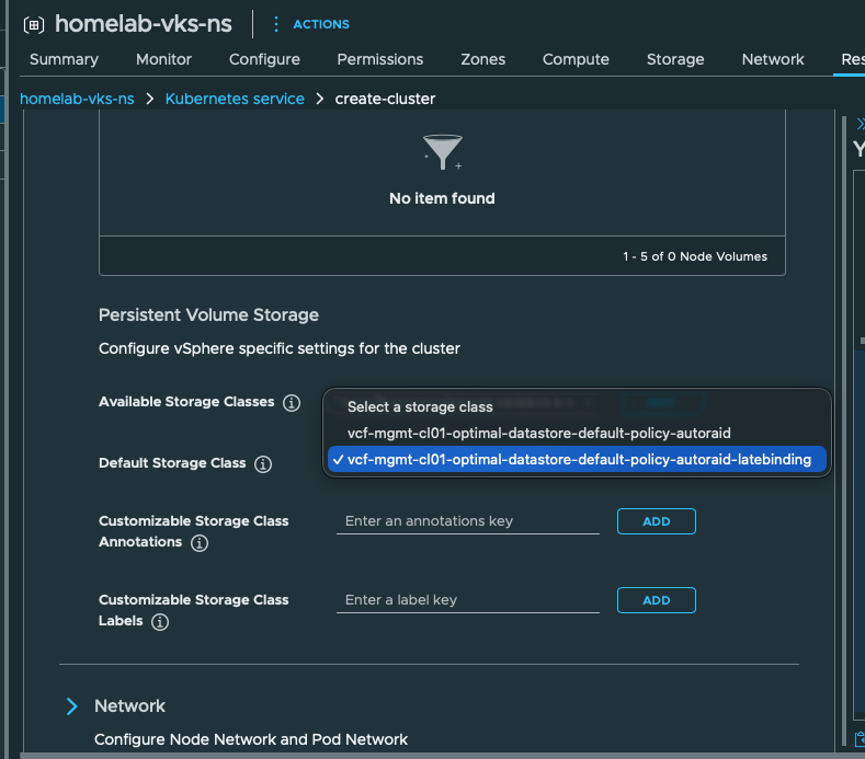 Persistent volume storage selection. The -latebinding AutoRAID storage class is selected as the persistent-volume default; no extra node volumes are shown.