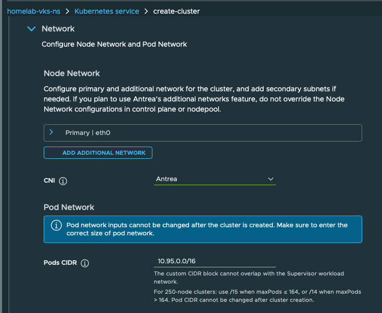 Antrea and pod network. Antrea selected and pod CIDR 10.95.0.0/16; primary interface is eth0.
