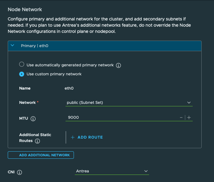 Select public before correcting MTU. Custom primary public SubnetSet is selected; MTU is still 9000 at this intermediate stage.
