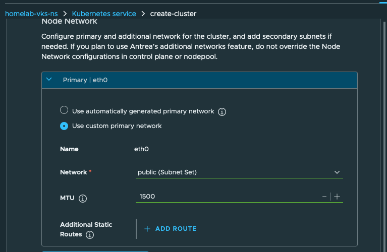Final VKS primary network MTU. Custom primary eth0 uses public and MTU 1500, with no extra static routes.