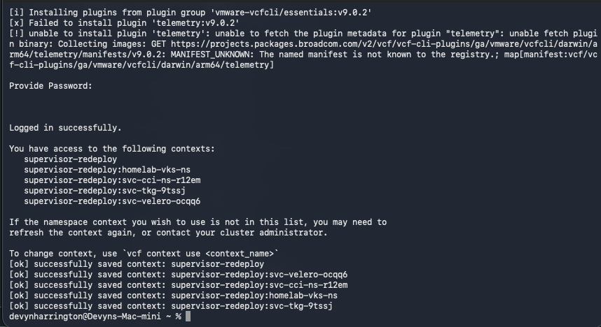 Supervisor login succeeds despite telemetry warning. The telemetry:v9.0.2 manifest lookup fails, but login succeeds and Supervisor namespace contexts are saved.
