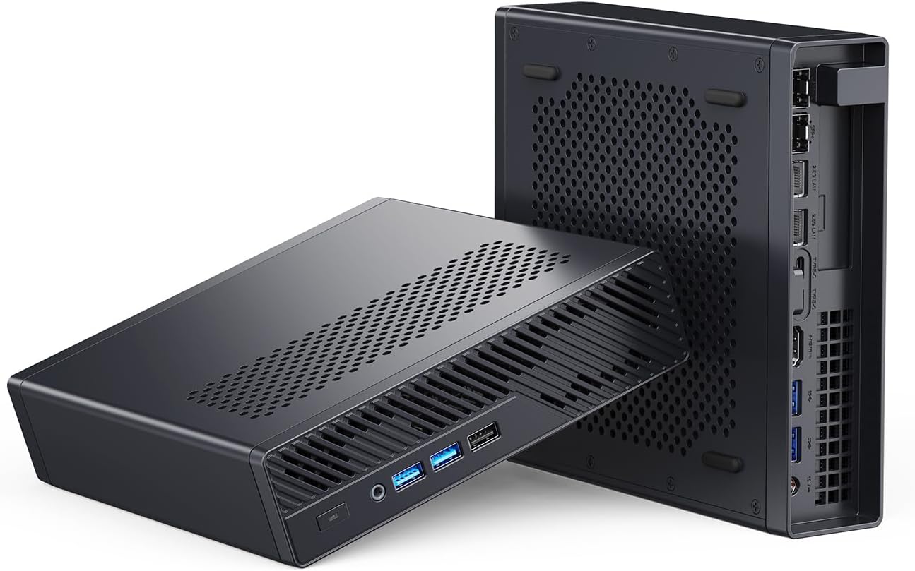 MINISFORUM MS-A2 compact workstation shown horizontally and vertically with its connectivity visible