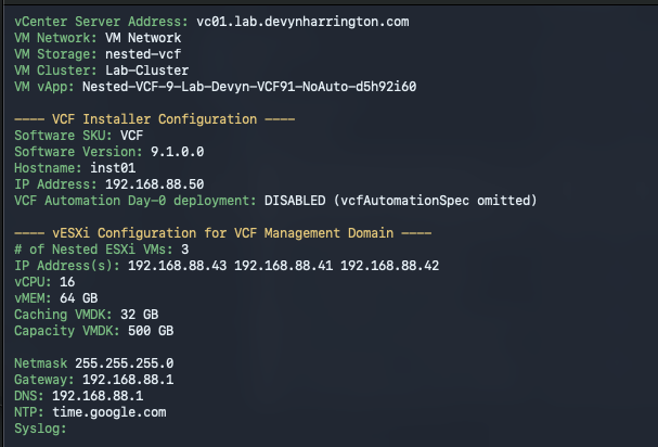 PowerShell deployment summary for three 24-vCPU 80-GB nested hosts with VCF Automation disabled