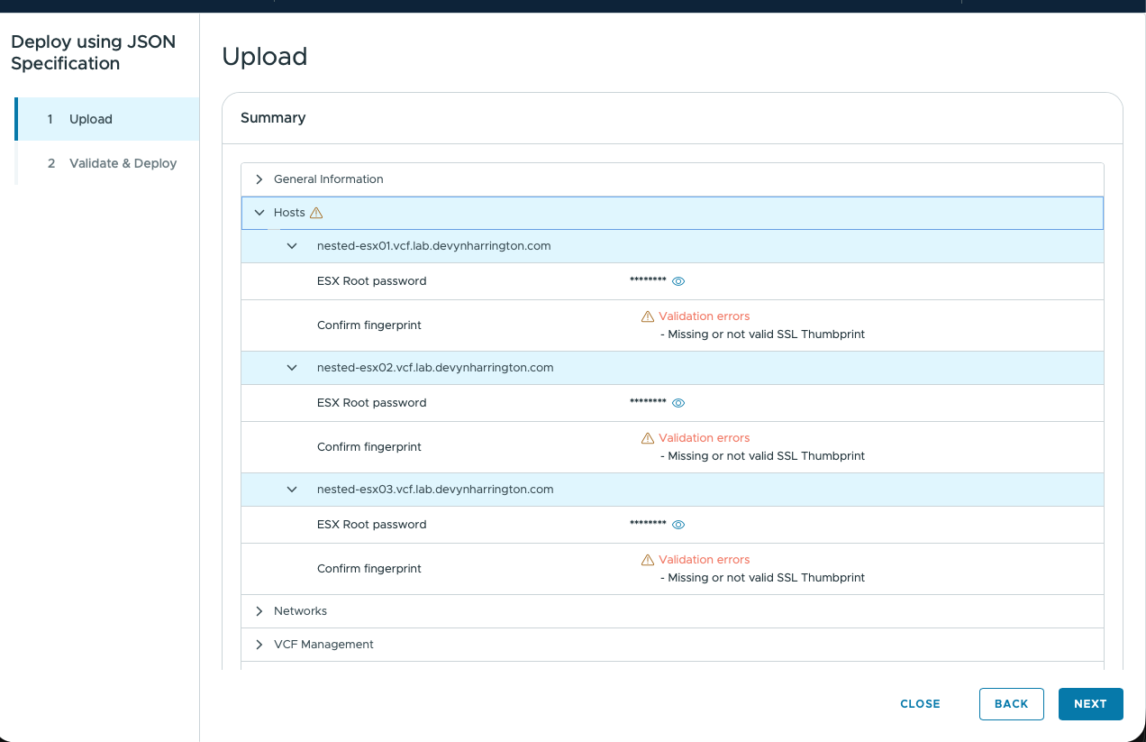 VCF Installer JSON validation showing nested ESXi certificate-thumbprint errors
