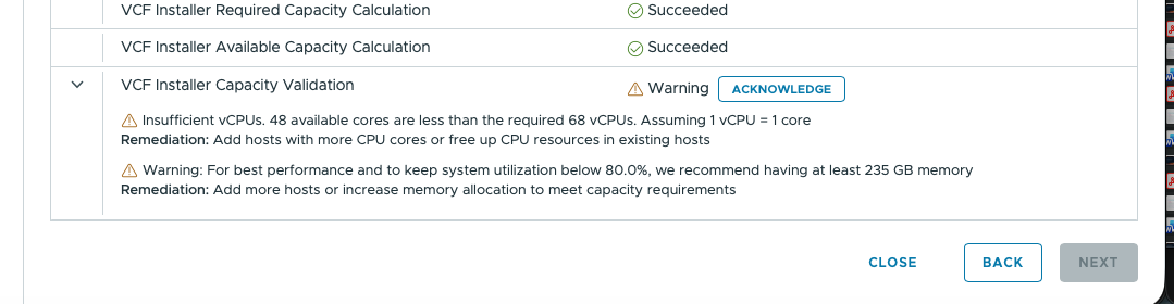 VCF Installer capacity validation for the rebuilt nested management hosts