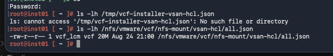 VCF Installer shell showing the validated vSAN HCL file copied to the expected temporary path