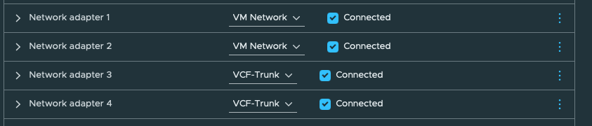 Outer vCenter showing nested ESXi adapters 1 and 2 on VM Network and adapters 3 and 4 on VCF-Trunk