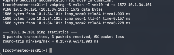 Nested ESXi vmkping over the vxlan stack with a 1572-byte payload and zero loss