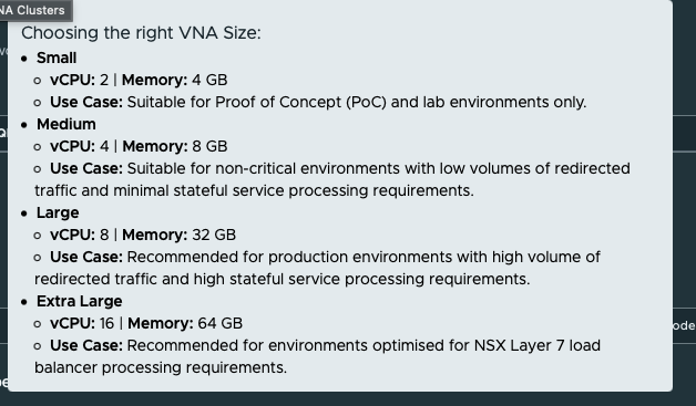 VNA form-factor descriptions for Small Medium Large and Extra Large