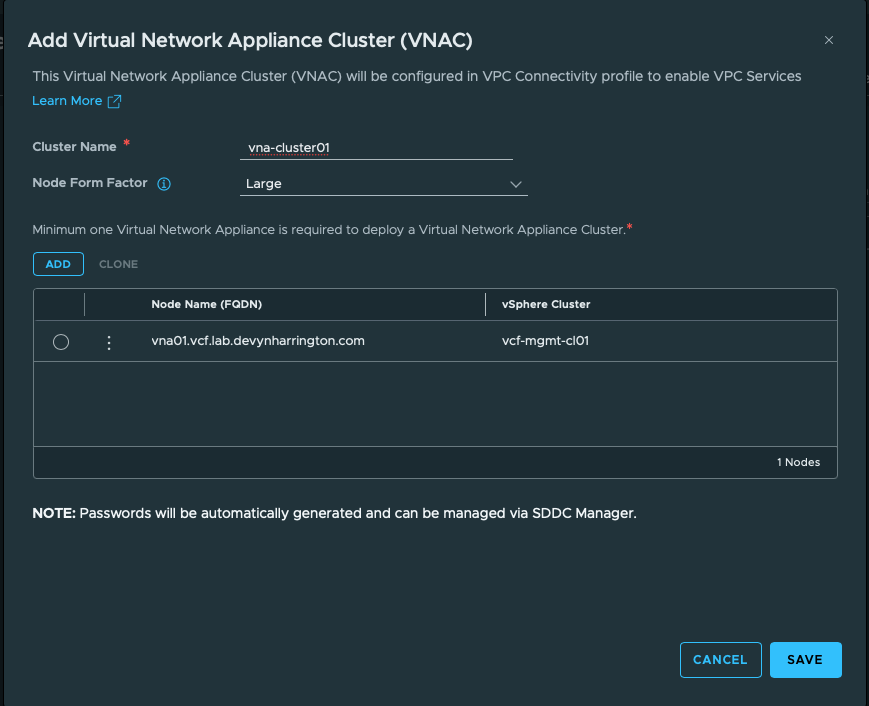 Add Virtual Network Appliance Cluster summary showing a Large vna01 node