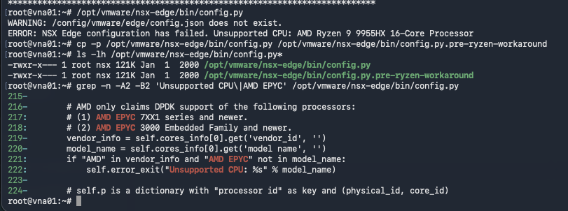 VNA shell showing the backed-up config.py and commented Ryzen CPU model rejection lines
