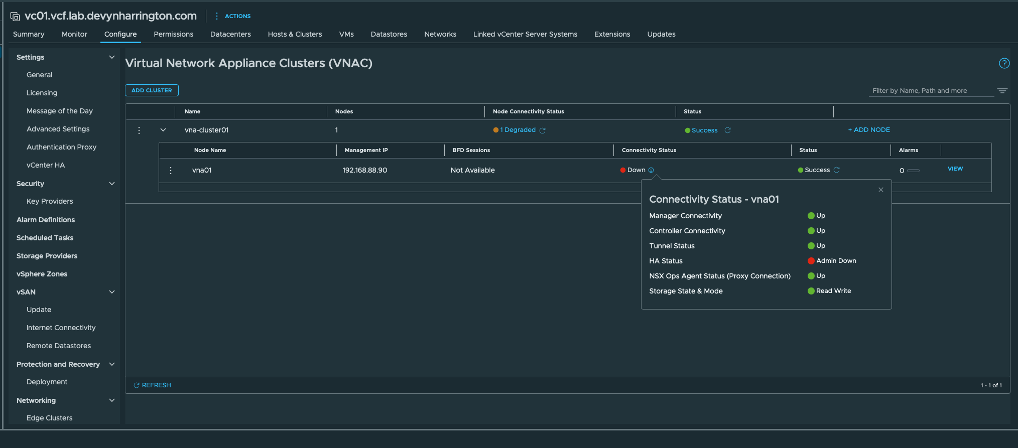 VNA cluster vna-cluster01 showing one node Up and deployment status Success