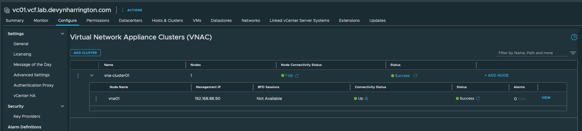vSphere distributed external connection VCF-DTGW-External showing Success on VLAN 2006