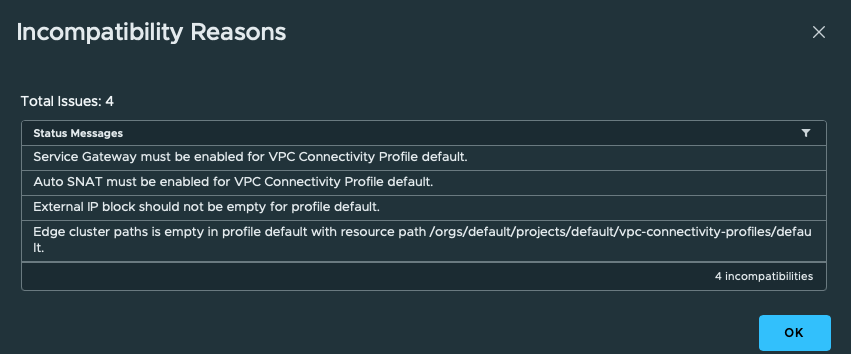 Default VPC Connectivity Profile showing four incompatibility reasons before VNA NAT and external IP configuration